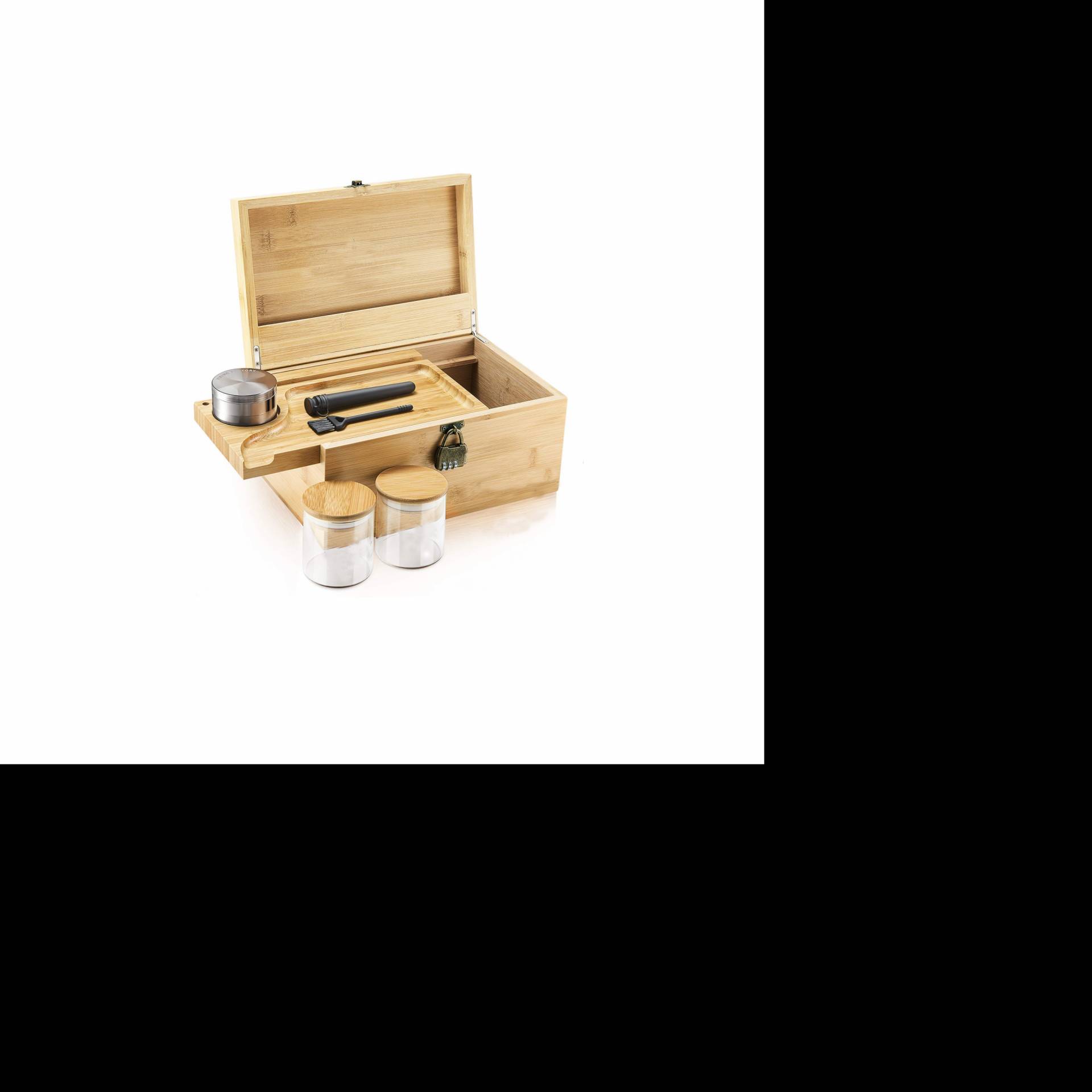 Natural Bamboo Stash Box With Tray Cigar Box With Glass Sealed Jar,Grinder,Code Lock,Brush For Men's Toy